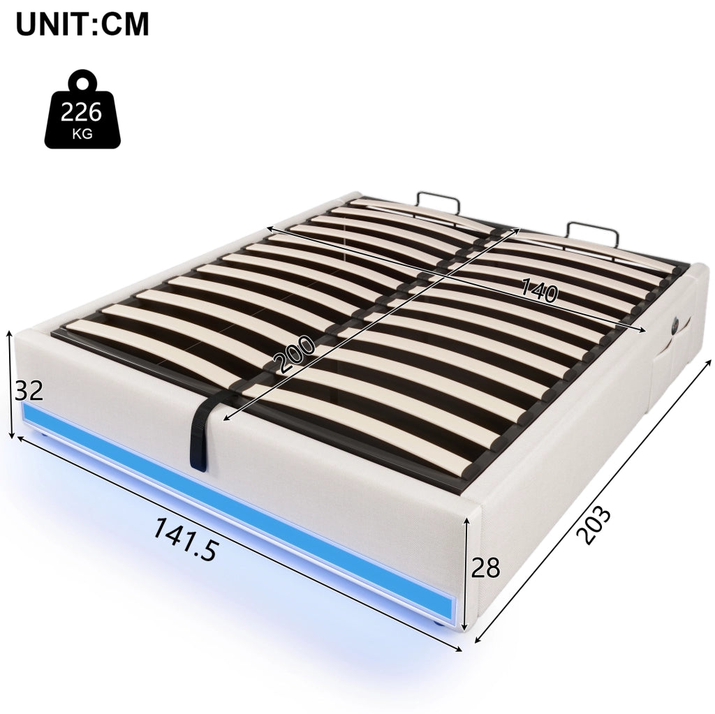 LETTO Imbottito 140x200 cm Beige in Lino con LED, USB e Type-C