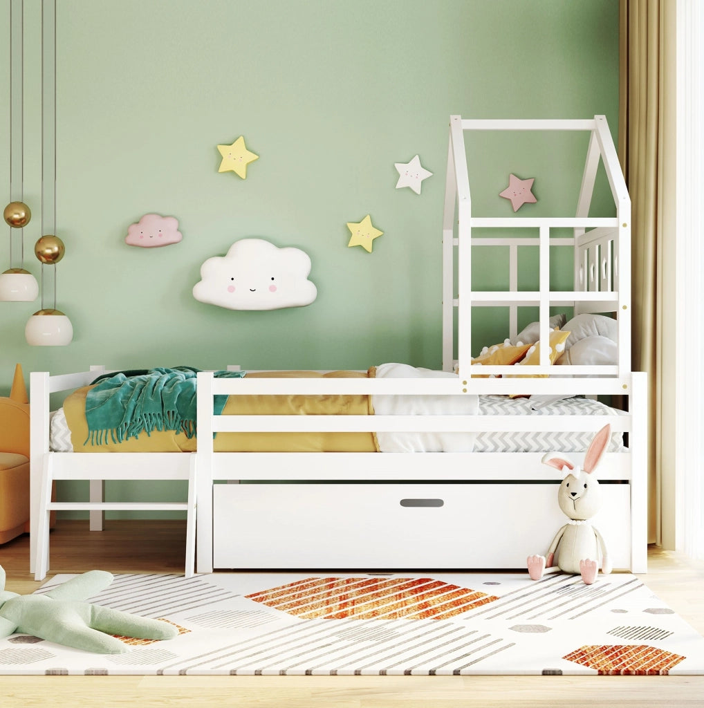 Letto a soppalco per bambini 90x200 cm in legno di pino bianco con scala e cassetto