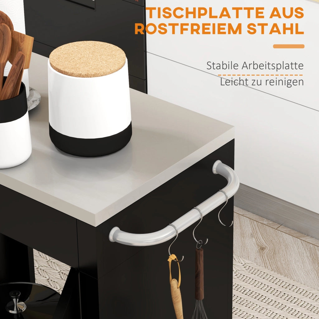 CARRELLO DA CUCINA con armadio, ganci e ruote 86x50x86,5 cm nero