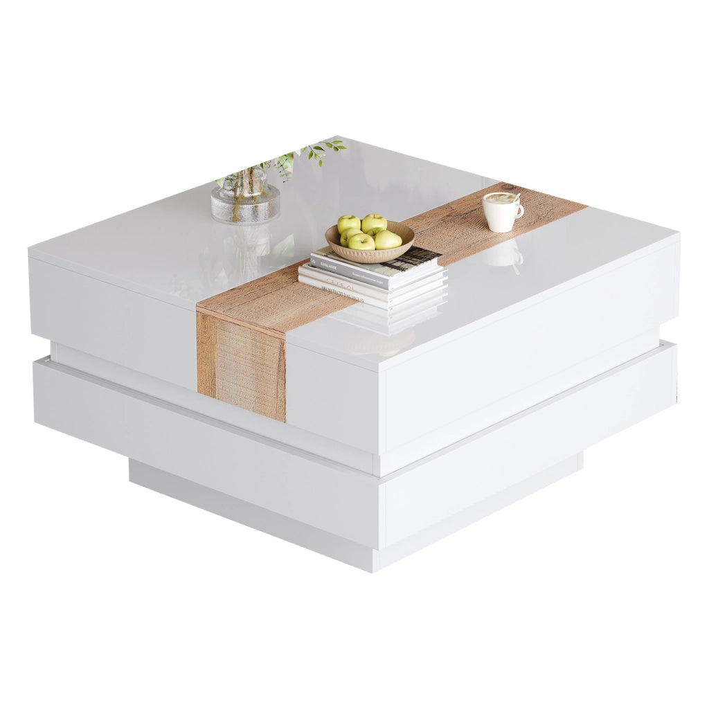 Tavolino da caffè 70x70x39 cm; piano estraibile con vano nascosto; pannello truciolare bianco