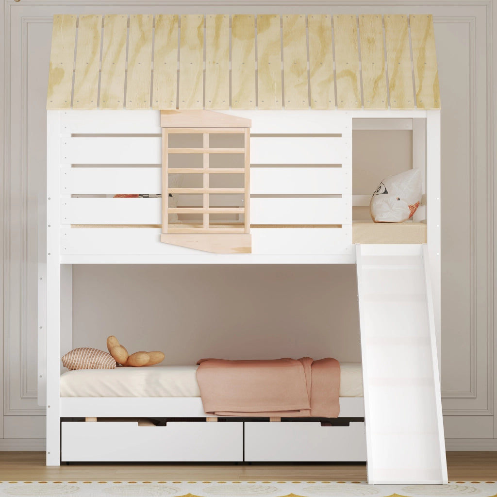 Letto a castello a forma di casa 90x200 cm con scivolo e 2 cassetti, colore bianco e naturale