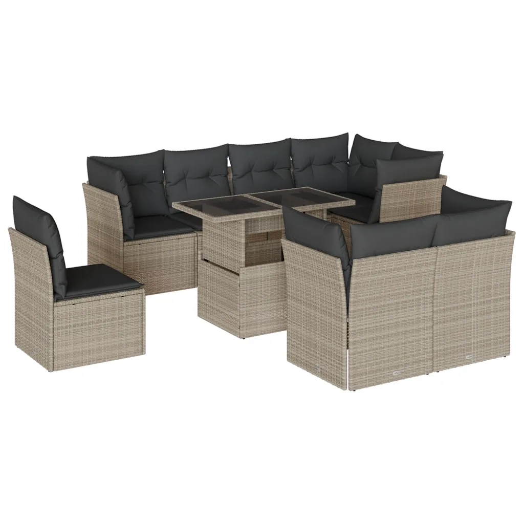 Set Divano da Giardino 9pz con Cuscini Grigio Chiaro Polyrattan
