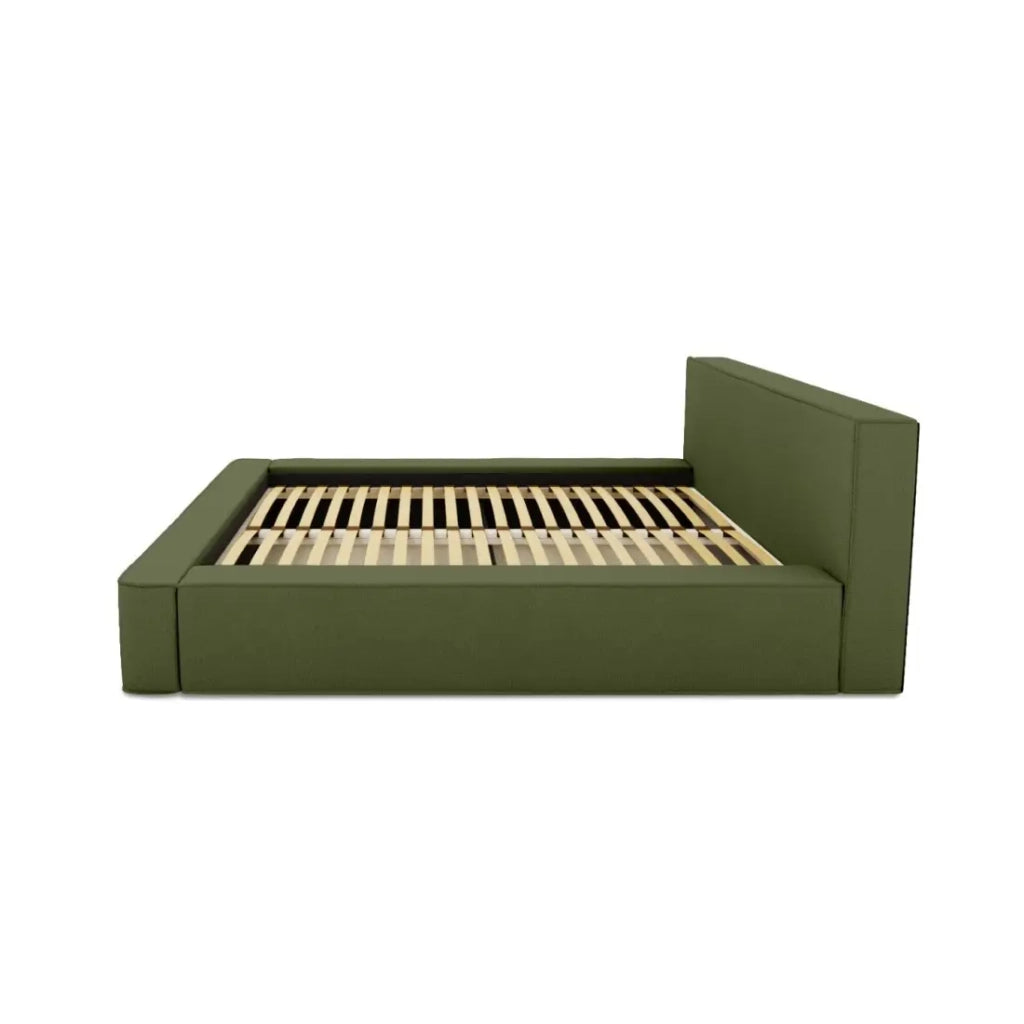 Letto contenitore VELORA – Olive bouclé – 160x200 cm – Tessuto velluto morbido – Rete sollevabile – Contenitore integrato