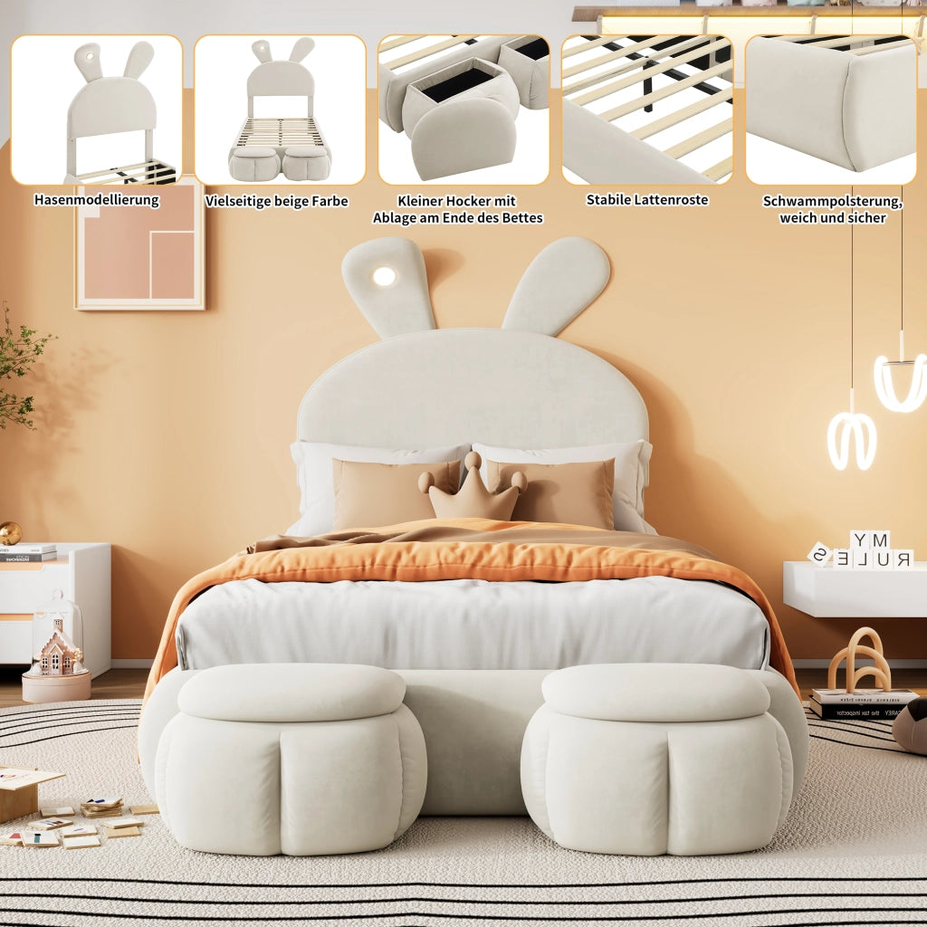 DESMIU Letto per bambini 1 posto con LED regolabile e 2 pouf contenitore, 90 × 200 cm, senza materasso, beige
