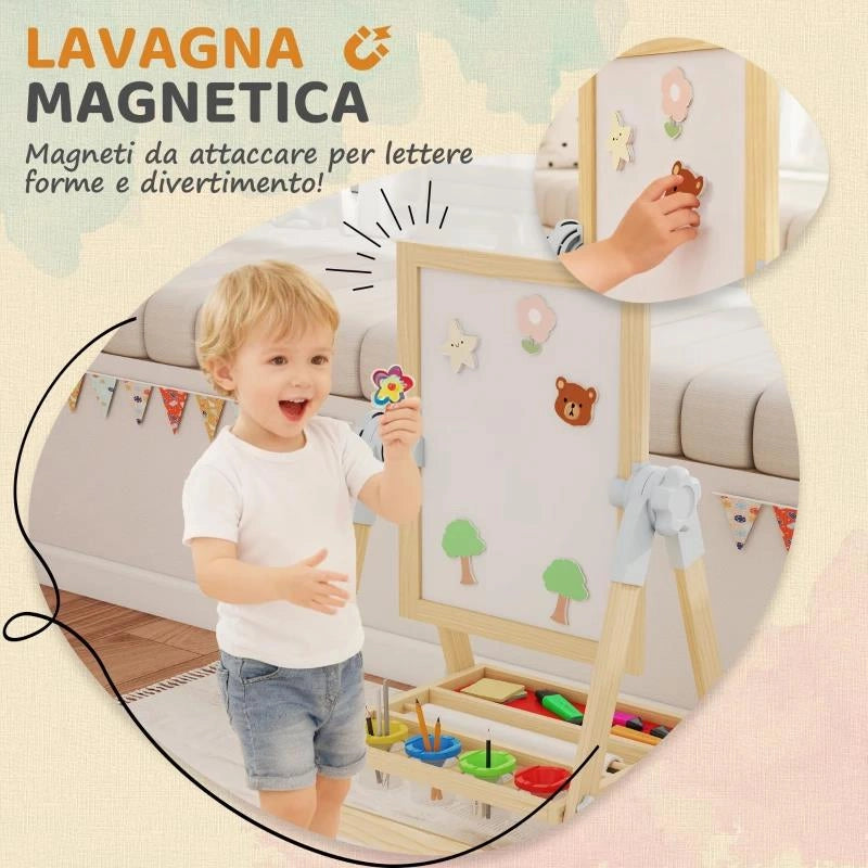 CAVALLETTO PER BAMBINI DOPPIA LAVAGNA PER GESSO E PENNARELLI, LAVAGNETTA MAGNETICA E ROTOLO DI CARTA, LEGNO