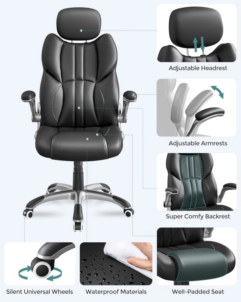 SONGMICS Sedia da Ufficio, Poltrona Girevole Ergonomica, con Braccioli Pieghevoli, Base a Stella in Nylon, Carico Massimo 150 kg, Nero OBG65BK
