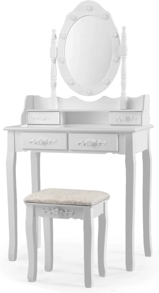 Toeletta Trucco, Postazione Trucco in Legno con Sgabello, 4 Cassetti e Specchiera Rimovibile Girevole a 360° con 10 LED Dimmerabili, Portata di 100+25 kg, 75x40x146cm (Bianco)