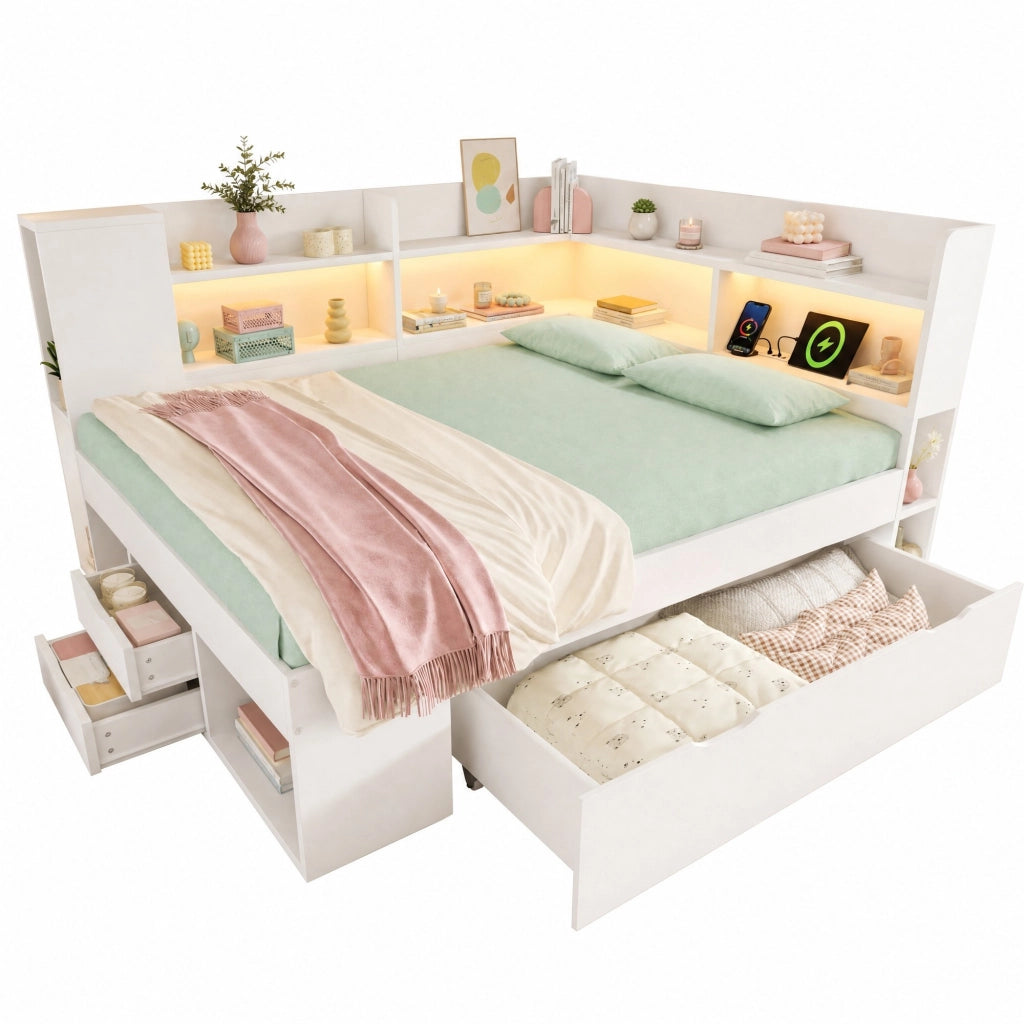 Letto a giorno 140x200 cm con LED; USB e Type-C; contenitore e cassetti; bianco