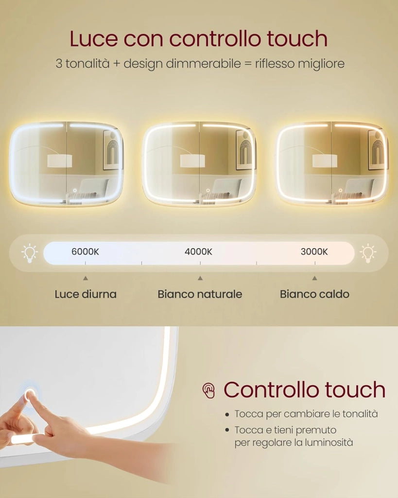 VASAGLE Armadietto Bagno da Parete con Specchio e Luce, Mobiletto Pensile Bagno con Stazione di Ricarica, 2 Ripiani Regolabili, Angoli Arrotondati, Nero Inchiostro BBK128B01V1