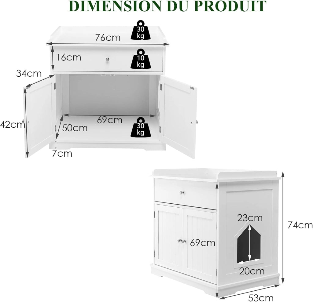 Mobile Lettiera per Gatti con 2 Ante e Cassetto, Armadio per Gatto in Legno con Ingresso Laterale, Grotta Rifugio Multiuso per Soggiorno, Camera da Letto e Ingresso, 76 x 53 x 74 cm (Bianco)