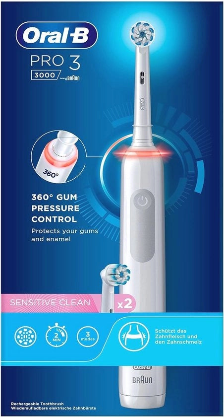 Tandestrattore elettrico con 2 opzetteste Sensitive Clean, 3 stazioni di pulizia e controllo di pressione 360° per la cura dentale ottimale