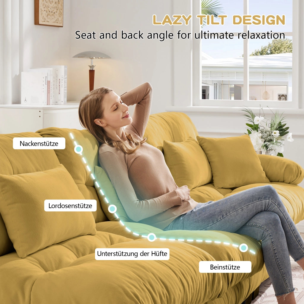 Divano angolare modulare in ciniglia con cuscini lombari e decorativi, schienale ergonomico giallo 220 × 77 × 81 cm
