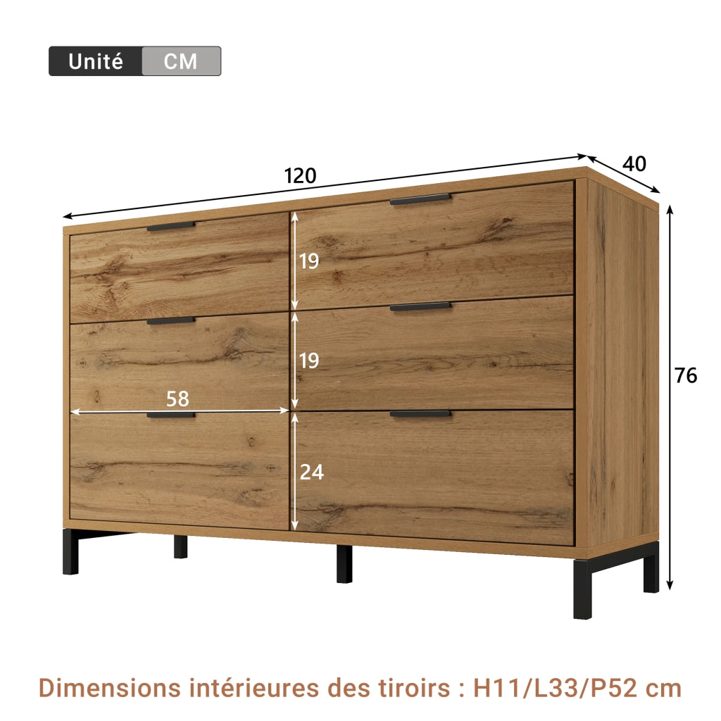 Cassettiera con 6 cassetti 120 x 40 x 76 cm, effetto rovere scuro, struttura in truciolare e metallo