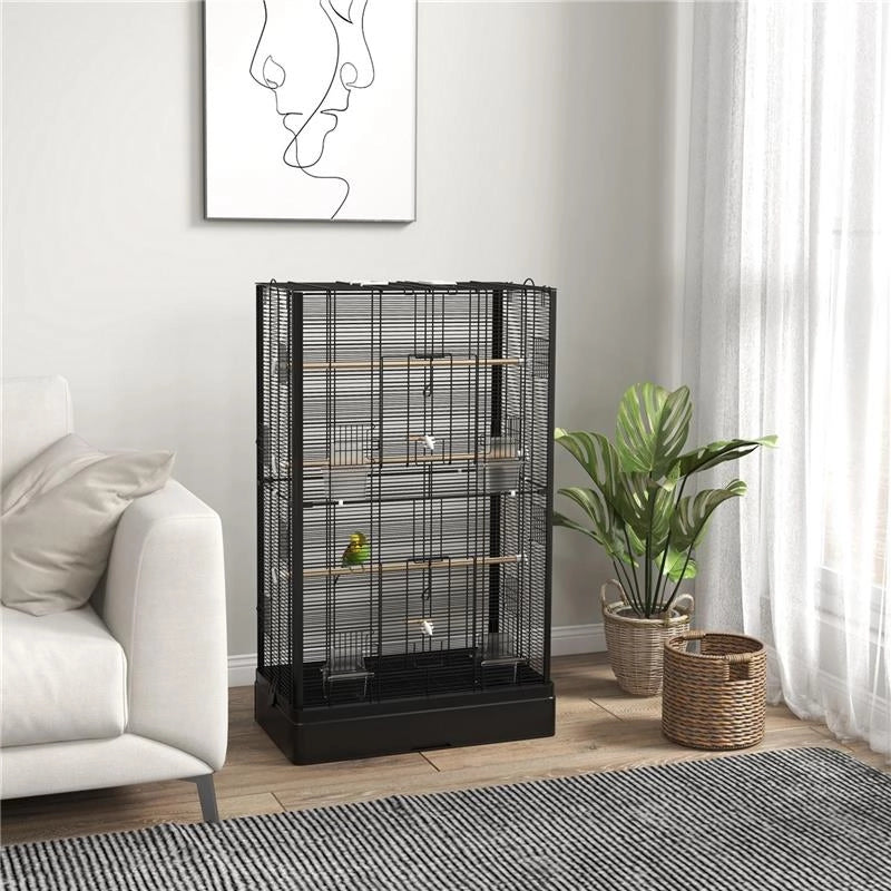 GABBIA PER UCCELLI CON VASSOIO ESTRAIBILE E POSATOI, VOLIERA PER PAPPAGALLI, 61X36.5X98CM, NERO