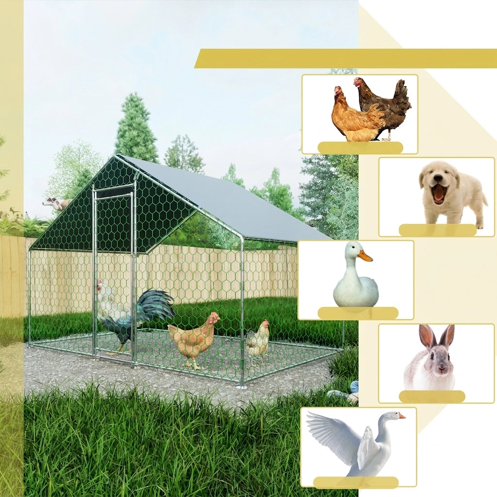 Pollaio in Metallo 3×2×2 m; Recinto per Galline da Esterno con Telo Impermeabile UV; Porta con Serratura e Rete Protettiva