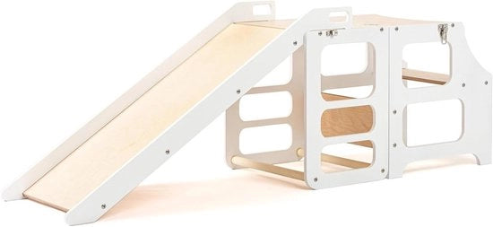 Tavolo di apprendimento 3 in 1 che si trasforma in una tavola Montessori con seggiolino e scivolo (bianco)