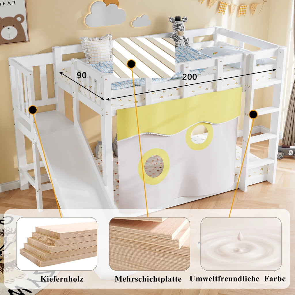 Letto a Castello 90x200 cm - con Scala; Scivolo e Tende - in Legno - Bianco