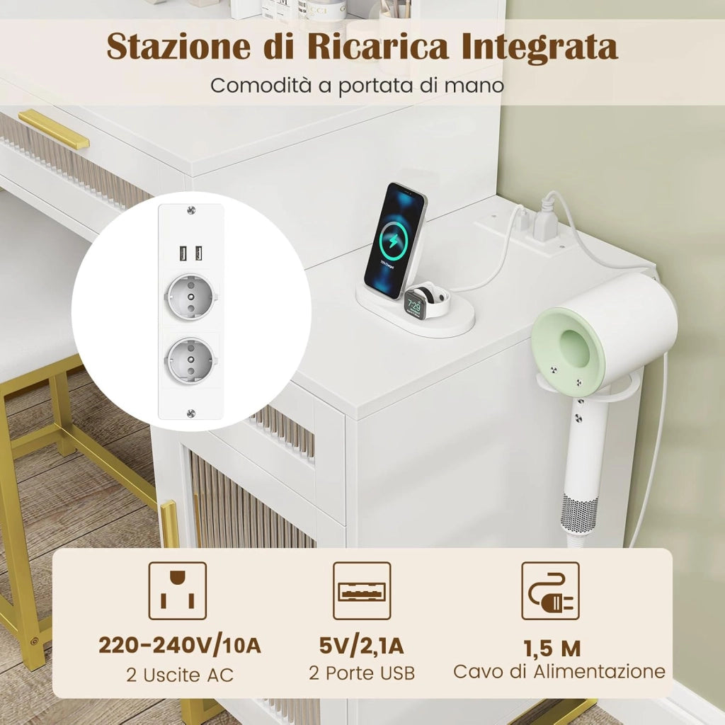 Toeletta da Trucco con Luci, Set Tavolo e Sgabello da Trucco con Stazione di Ricarica, Luci LED a 3 Colori, 3 Cassetti, Armadietto per Gioie, Supporto per Asciugacapelli (Modello 2)