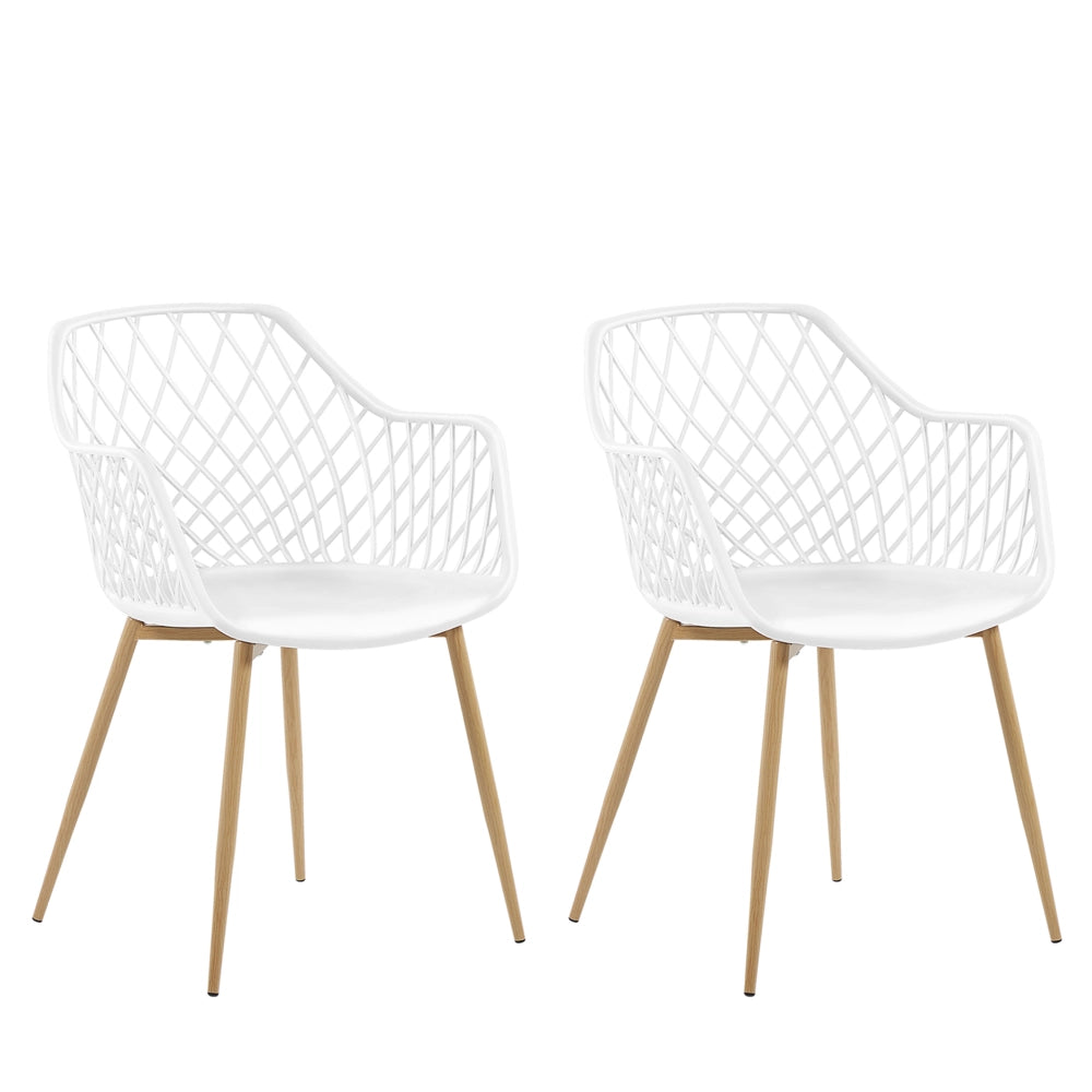 Set di 2 sedie da pranzo Seduta sintetica bianca Gambe in metallo in legno chiaro Schienale aperto in rete Soggiorno moderno Stile scandinavo