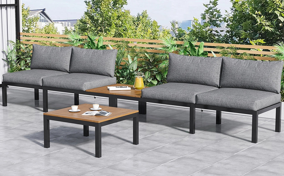 Set salotto giardino: 2 Divanooi 2 posti + 2 tavolini + 1 tavolo; piano acacia; cuscini tessuto; grigio