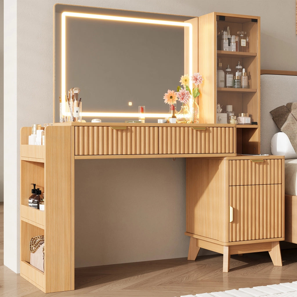 Toeletta con specchio LED, prese elettriche USB e USB-C, 3 cassetti e vani laterali, 133x136x40 cm, Natural