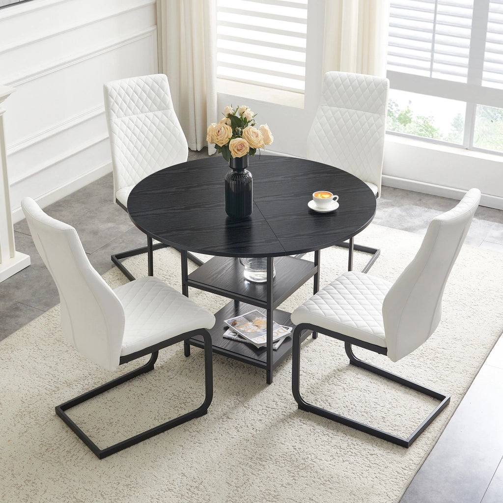 Set tavolo da pranzo e sedie con 1 tavolo rotondo e 4 sedie; 2 ripiani portaoggetti; in MDF metallo e PU bianco nero