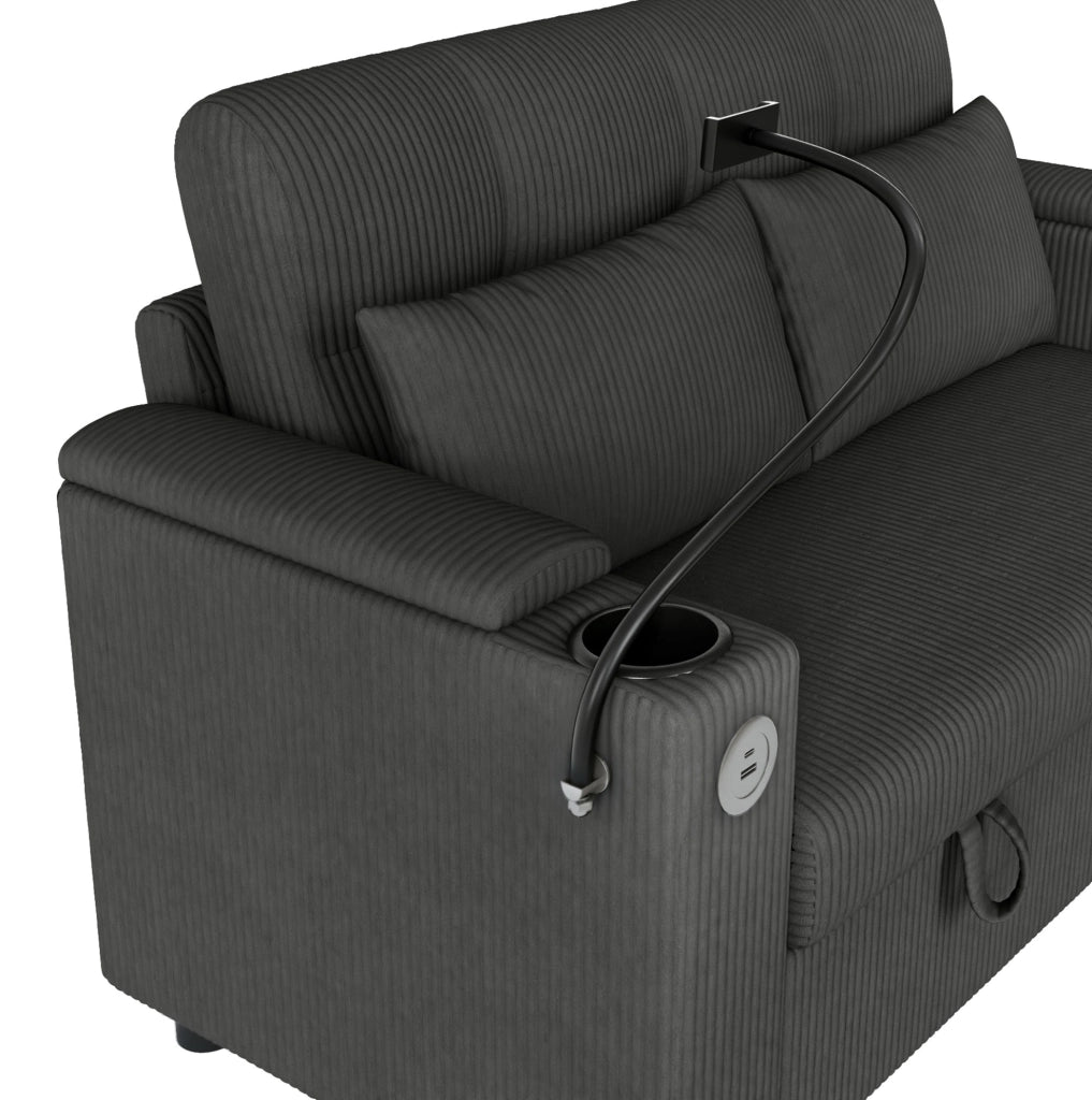 Divano 2 posti grigio in velluto a coste con contenitore; USB e Type-C