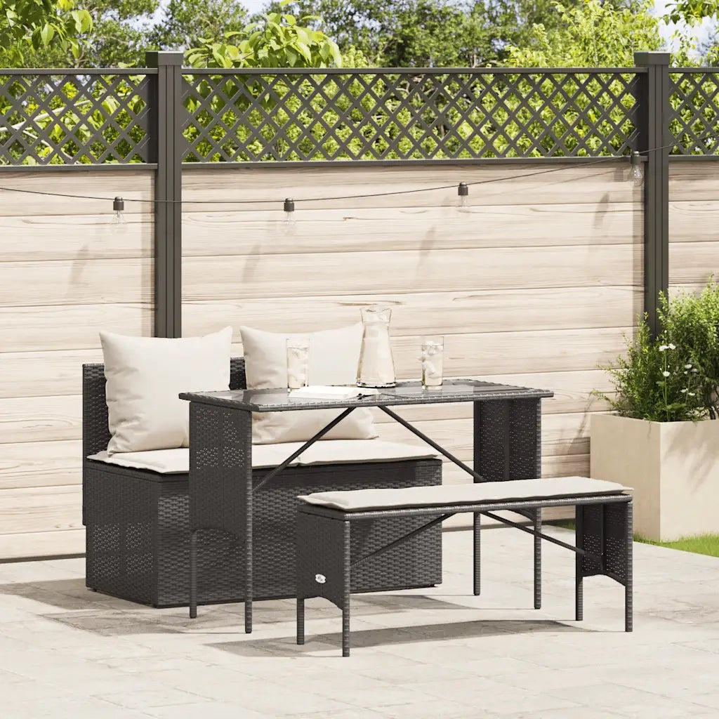 Set da Pranzo da Giardino 3 pz | Set Salotto da Giardino con Cuscini Nero in Polyrattan