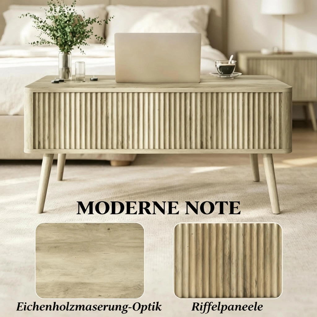 Tavolino da salotto alzabile con 2 vani nascosti; piano regolabile e angoli arrotondati; in MDF e pino; rovere
