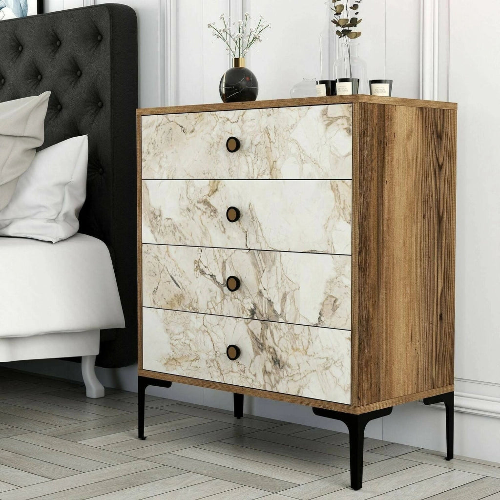 Cassettiera Molly, Settimino multiuso, Comò camera da letto, Mobile con cassetti, 76x40h91 cm, Noce e Bianco Marmo