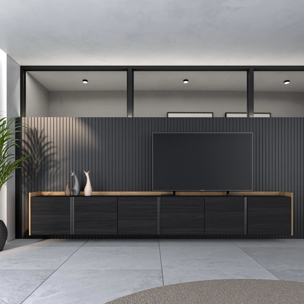 Mobile TV Soggiorno, 309x50x35 cm, Per TV fino a 80", Sospeso, da appendere, Nero e rovere