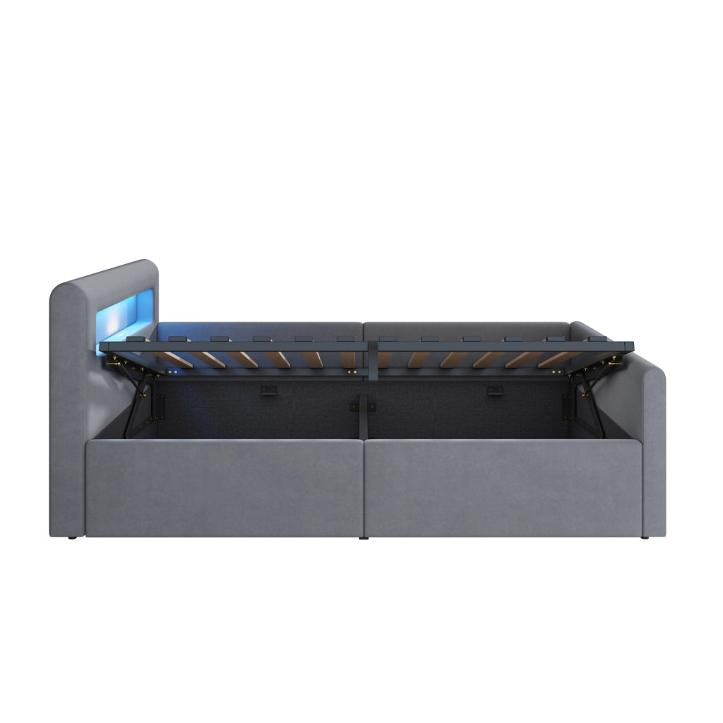 OKWISH Letto bambino 90×200 cm, Letto Singolo con LED, luce notturna, USB, mensole e contenitore idraulico, senza Materasso, Grigio