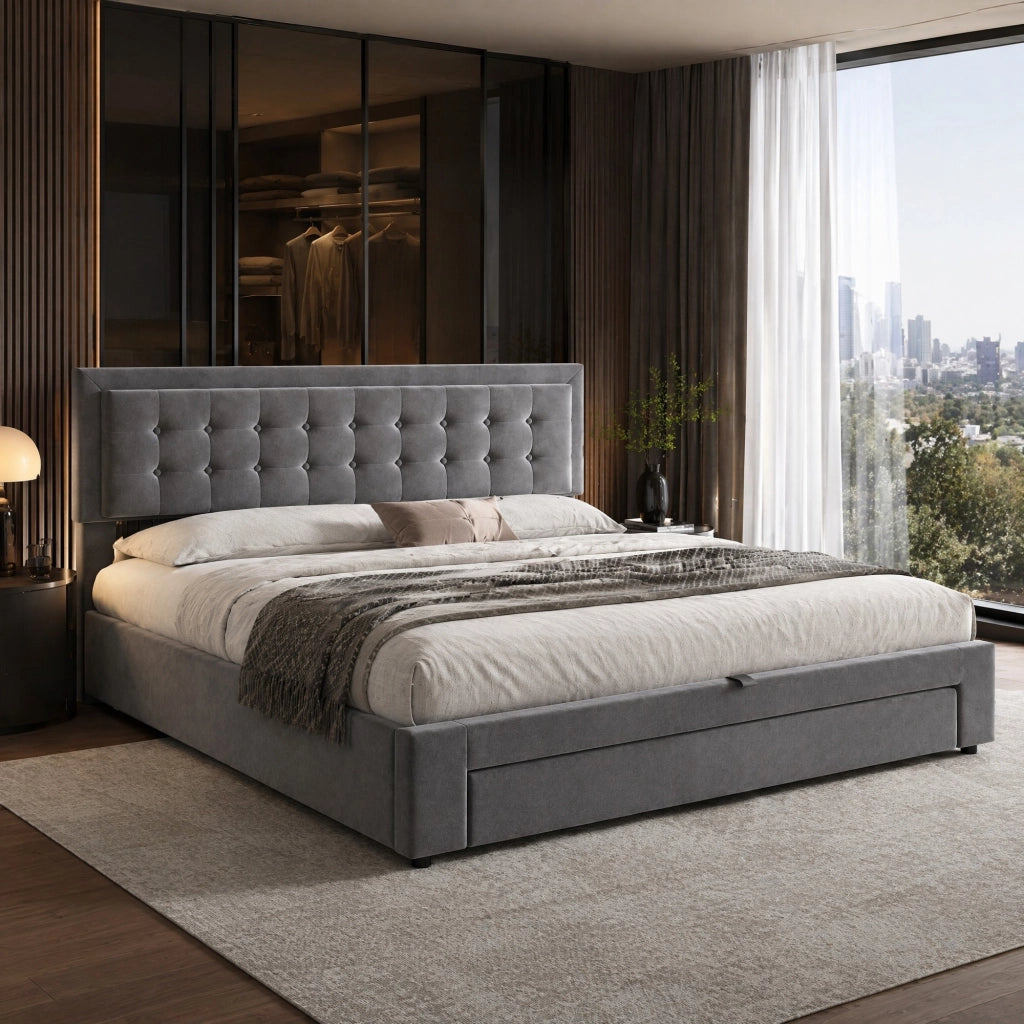 Letto imbottito in velluto grigio 160x200 cm con contenitore, testiera regolabile e struttura stabile