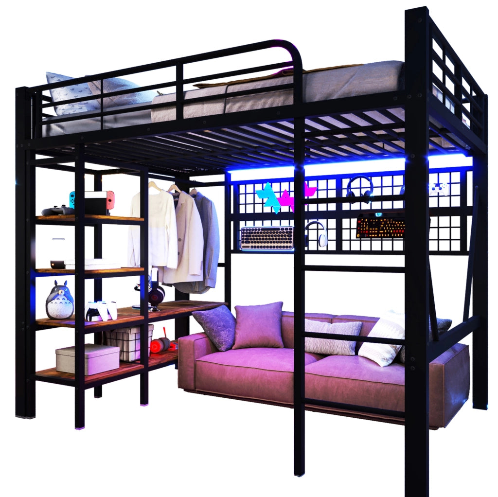 Letto a soppalco 140x200 cm con luce LED; vano aperto; ferro e MDF; nero
