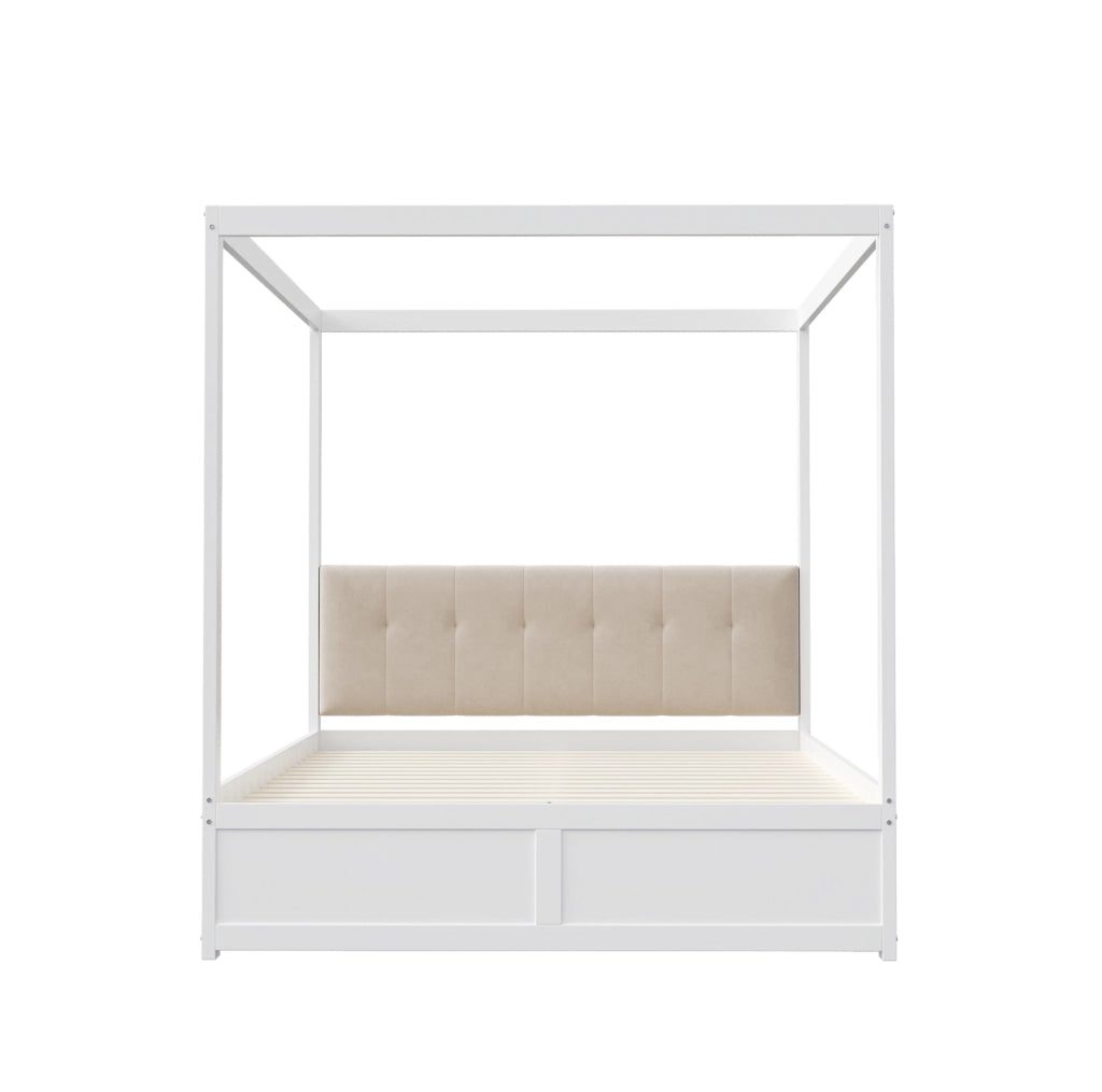 Letto a tenda 140x200 cm con testiera imbottita e 2 cassetti; bianco