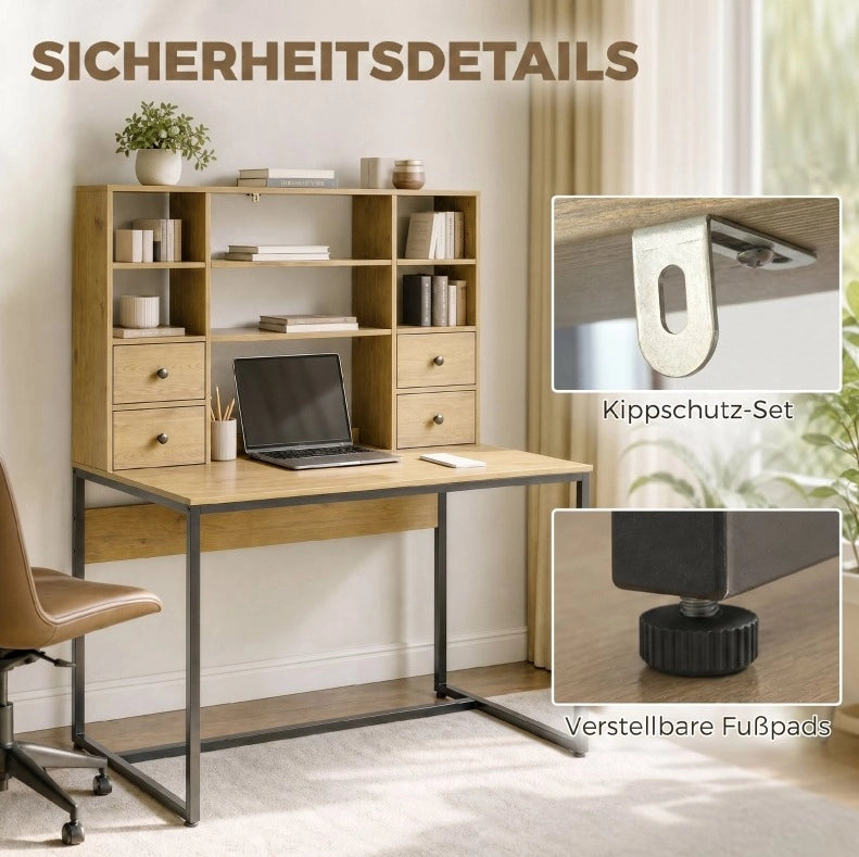 Scrivania da computer con 4 cassetti, scaffali regolabili, 105x60 cm in legno naturale