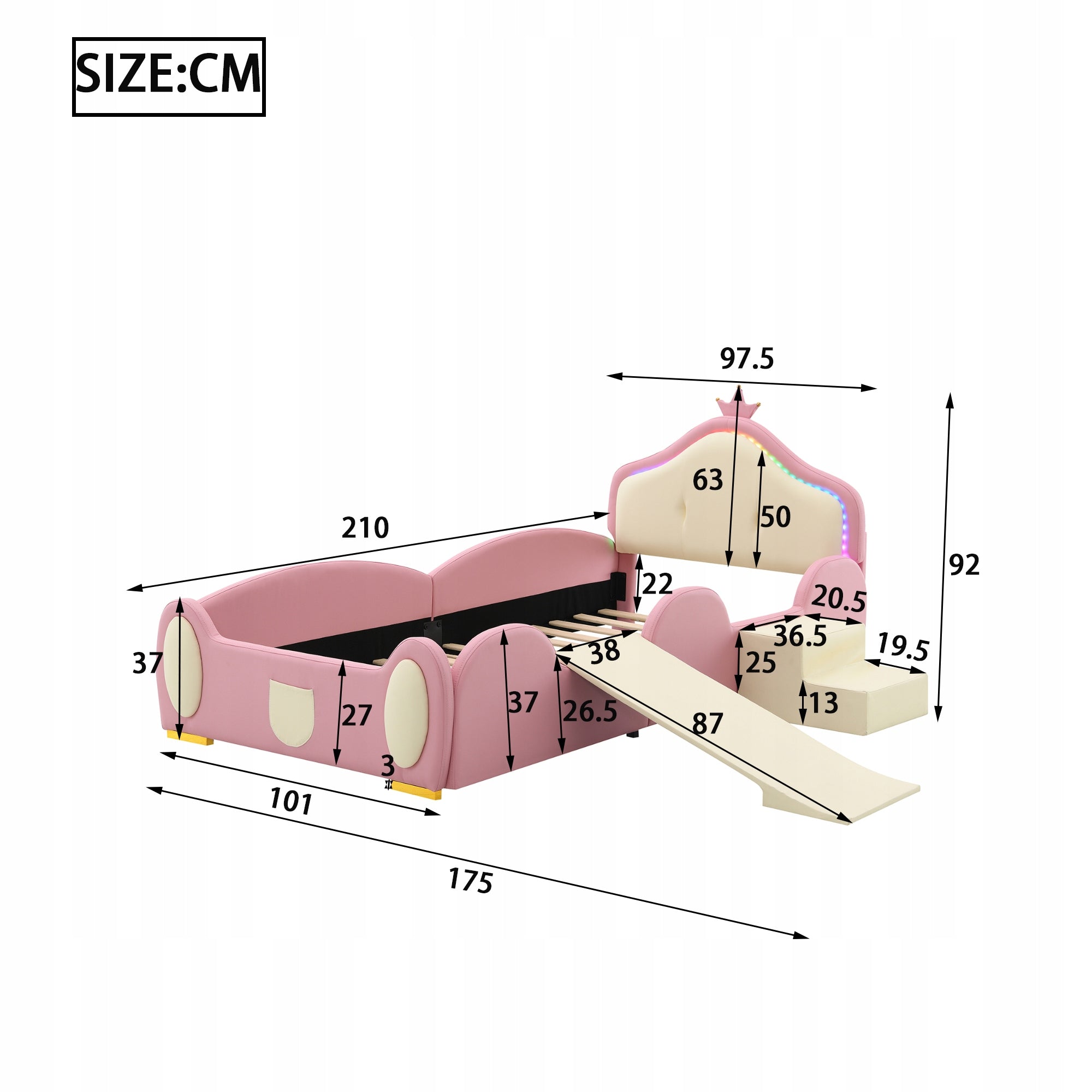 Letto a castello con scivolo LED - Xylo - 90x200cm - Rosa+Beige