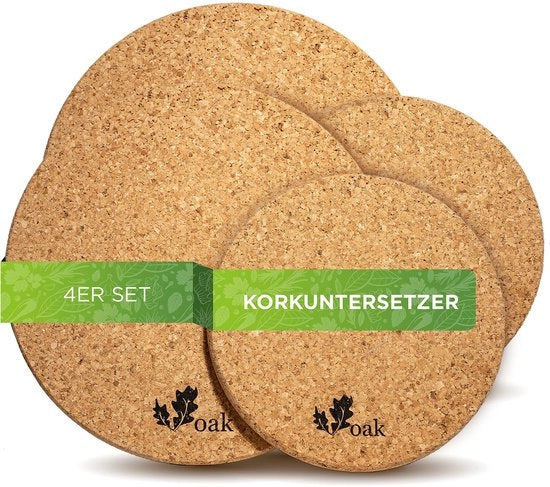 Onderzetters in Kurk | 4 Onderzetters in Kurk | 100% Kurk Naturale, Fatto in Portogallo | 20 cm e 15 cm | Base Antiscivolo, Lavabile, Placemat Resistenente al Calore