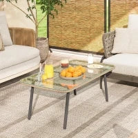 Tavolino da Giardino in Rattan PE con Piano in Vetro e Acciaio, 110x60x40 cm, Legno Naturale