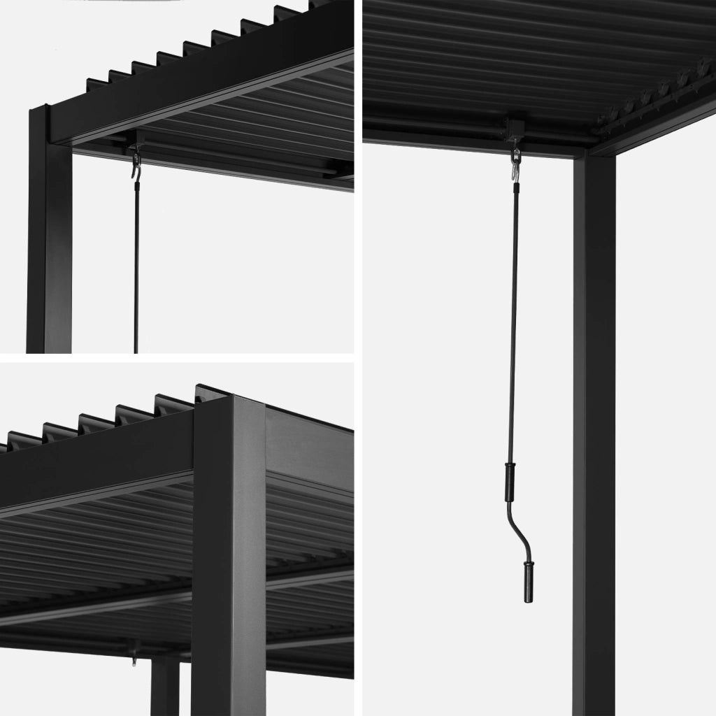 Pergola bioclimatica 3x6m in alluminio e acciaio + 4 tende 3m, nero