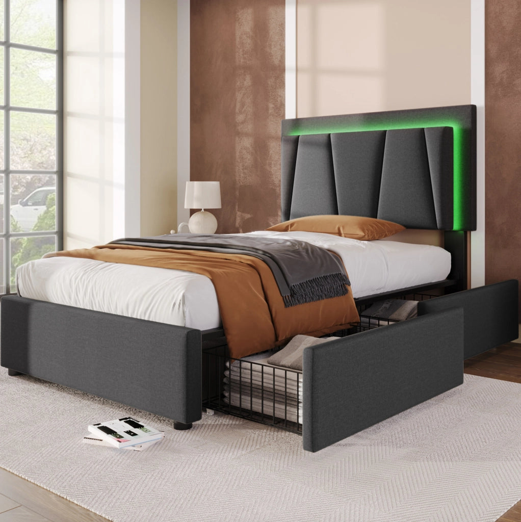 Letto singolo imbottito 90x200 cm con LED; 2 cassetti e testiera regolabile; grigio