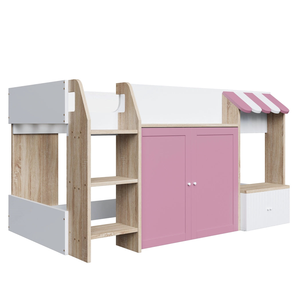 Letto a soppalco 90x200 cm con scala e vano contenitore in legno bianco e rosa