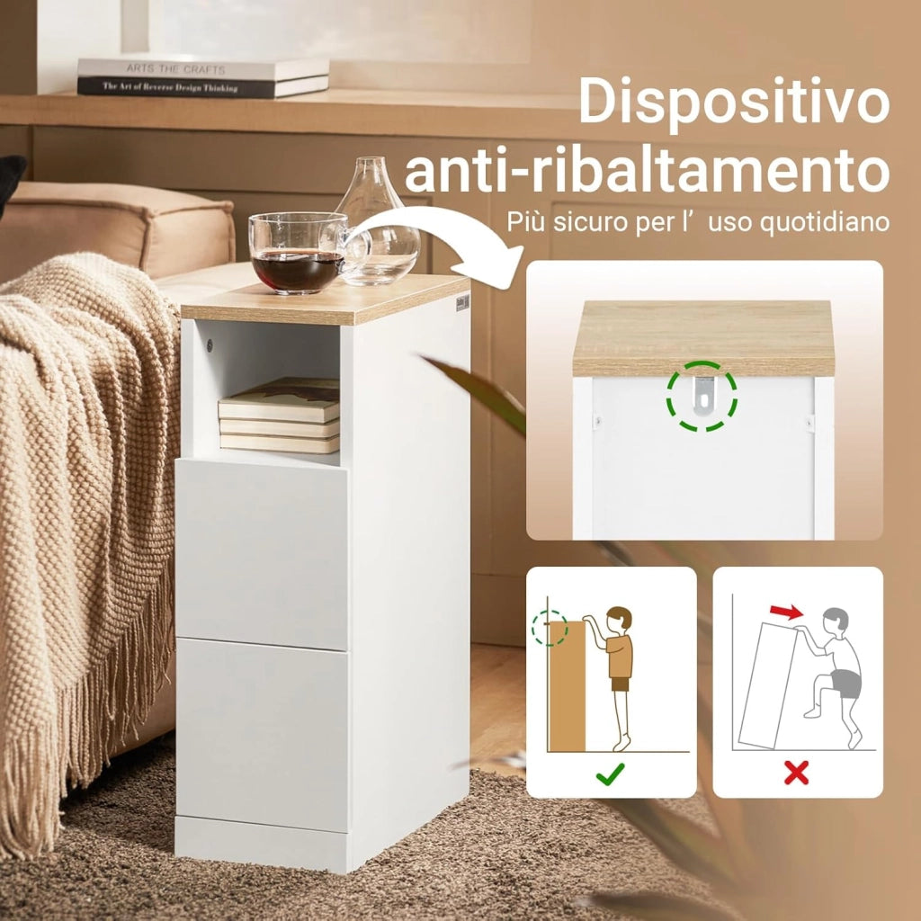 comodino camera da letto stretto 20 cm, tavolino da letto & tavolino salotto con 2 cassetti, mobile salvaspazio per camera e nicchie, ideale per inquilini e letto a molle, bianco, 20x35x60 cm