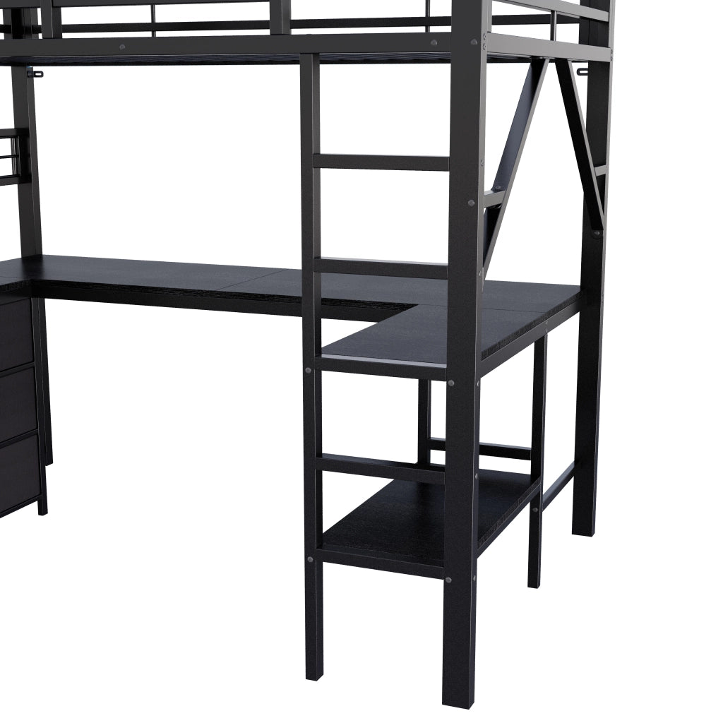 Letto a soppalco gaming 90x200 cm in metallo nero con scrivania e cassetti