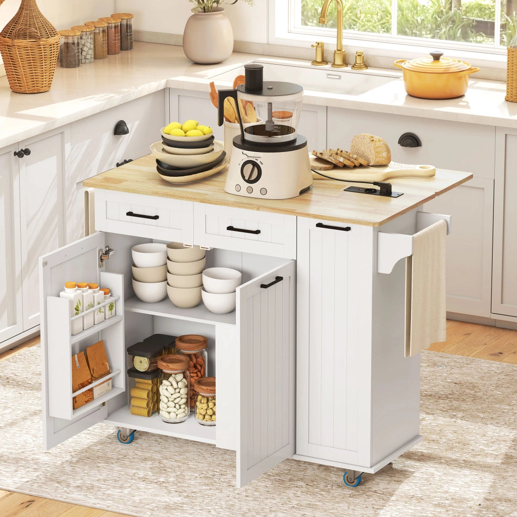 Carrello da Cucina con Ruote ¨C Xylo ¨C Presa USB, Ripiano Ribaltabile, 2 Cassetti, 119,5x74x94,5 cm Bianco