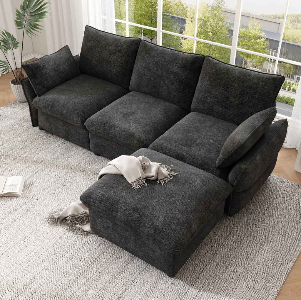Divano angolare L in ciniglia con chaise longue e pouf, grigio scuro, 222,5 × 154,5 × 76,5 cm