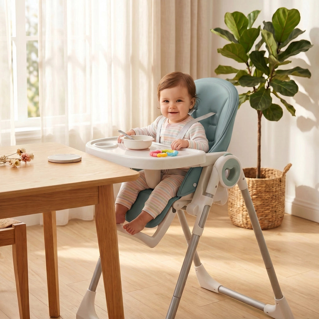 Seggiolone Pappa Pieghevole per Bambini 6-36 Mesi, Altezza Regolabile, Doppio Vassoio Lavabile e Ruote, Verde