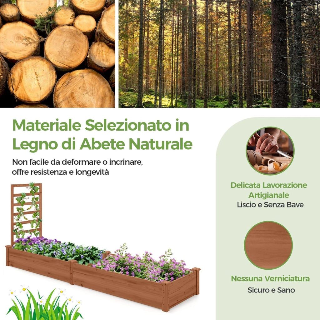 Fioriera da Esterno e Traliccio, Letto Rialzato in Legno per Fiori, Erbe, Verdure, Frutta e Viti Rampicanti, Aiuola Elevata da Giardino con Spalliera, 235CM x 63CM x 102CM (Marrone)