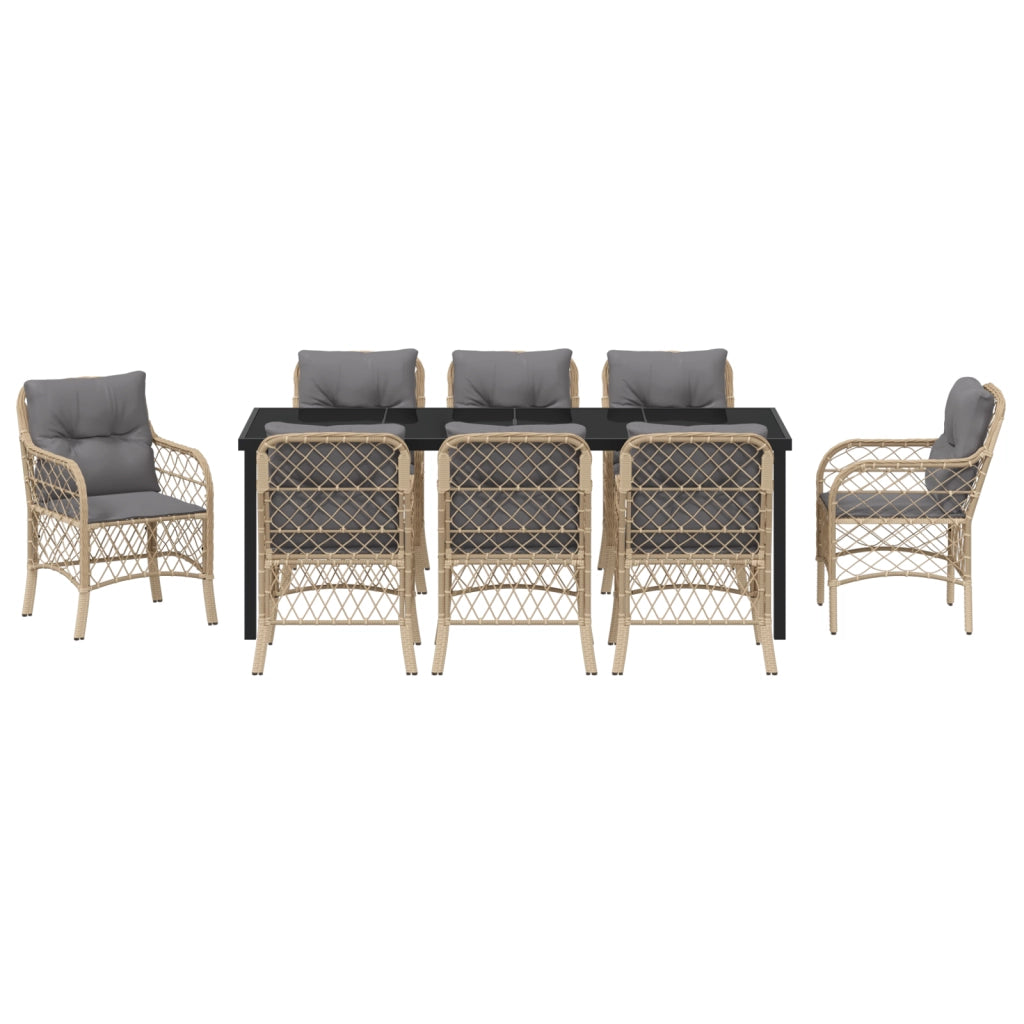 Set da pranzo da giardino 9 pezzi con cuscini beige in polyrattan