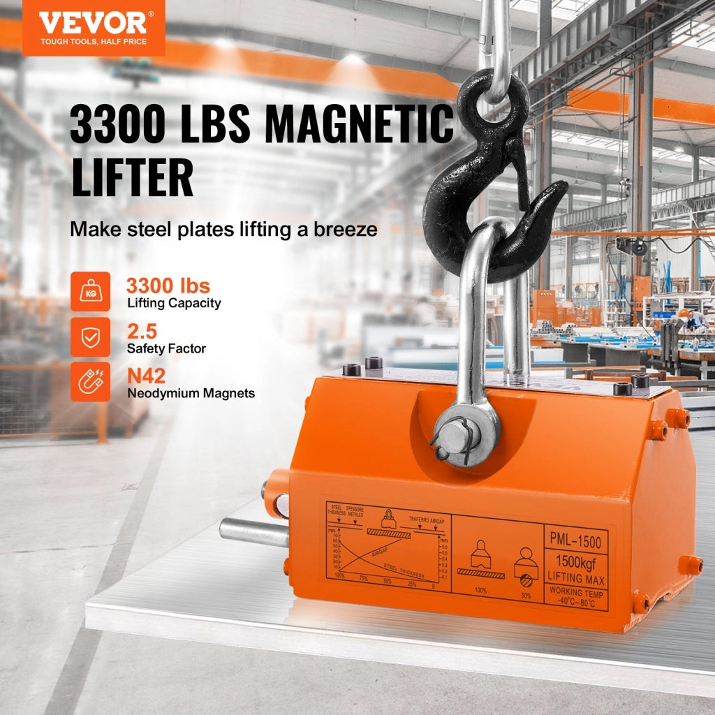 Sollevatore Magnetico Permanente al Neodimio N42 PML-1500 in Acciaio, Portata 1500kg Forza 3750kg, Robusto per Officina